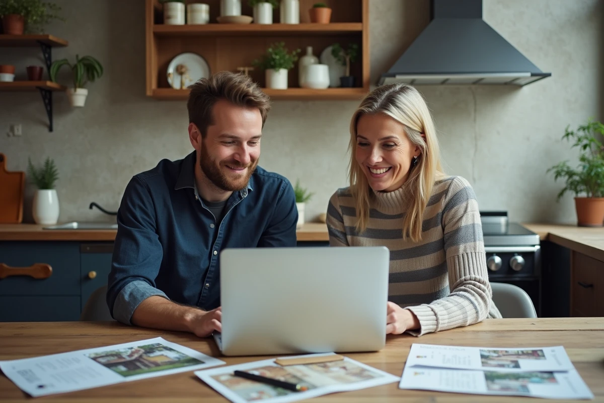 Couple de nouveaux propriétaires consultant des documents d'assurance et de rénovation autour d'une table dans une cuisine en travaux