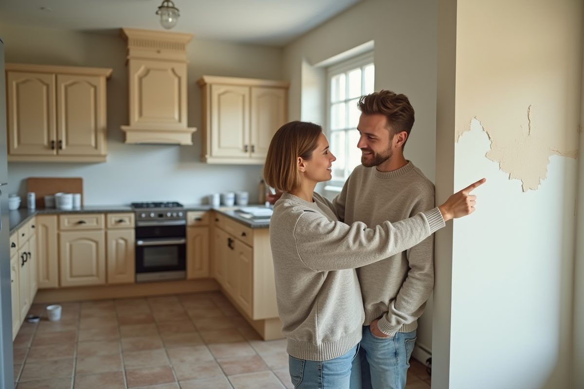 Jeune couple dans la cuisine regarde la couleur du mur