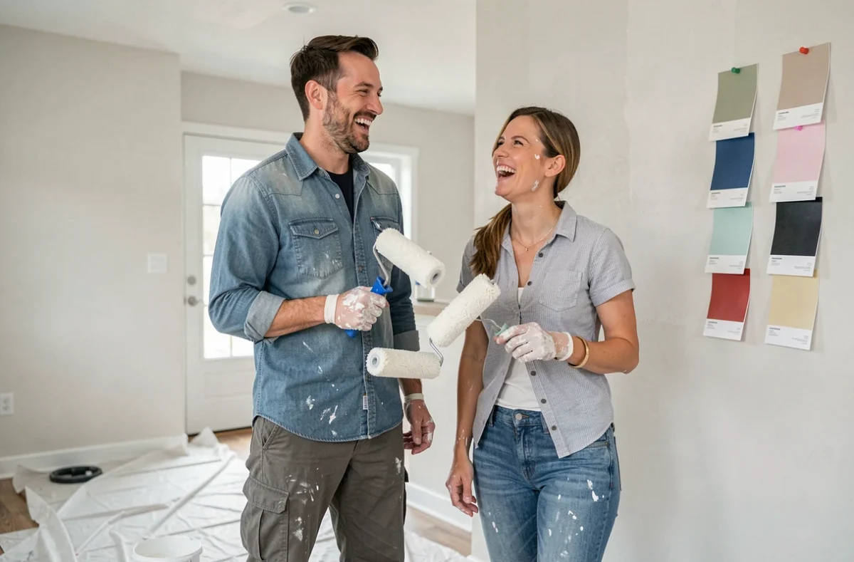 Couple peignant ensemble un mur du salon lors d'un projet de rénovation DIY à domicile