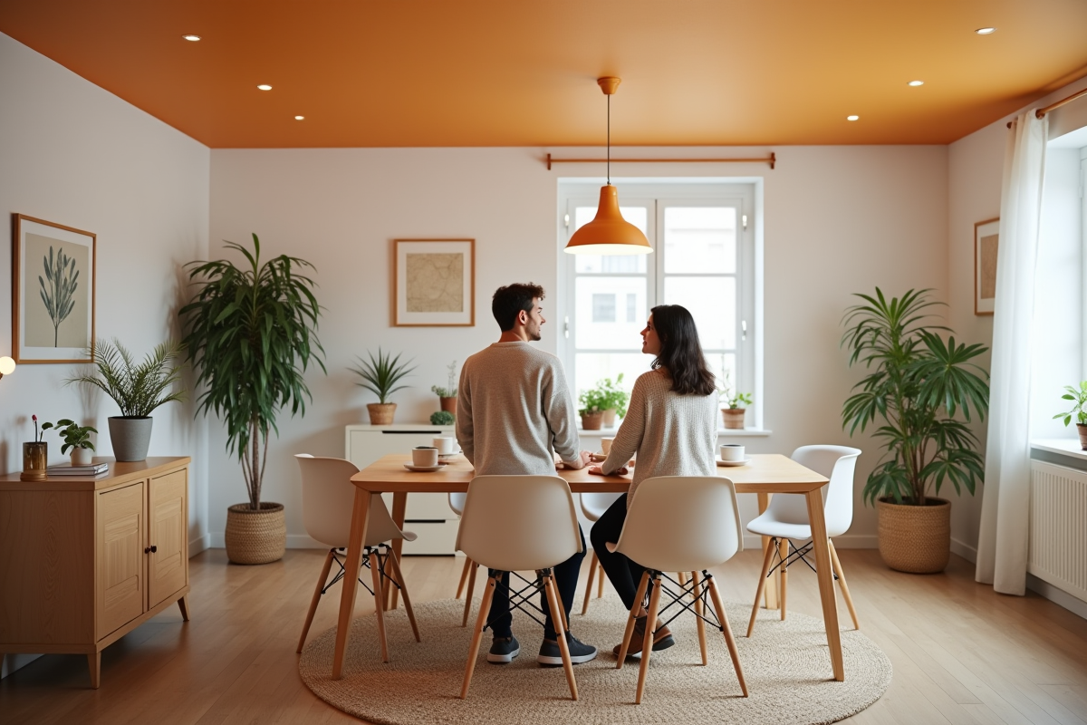 Jeune couple admirant un plafond coloré dans une salle à manger chaleureuse