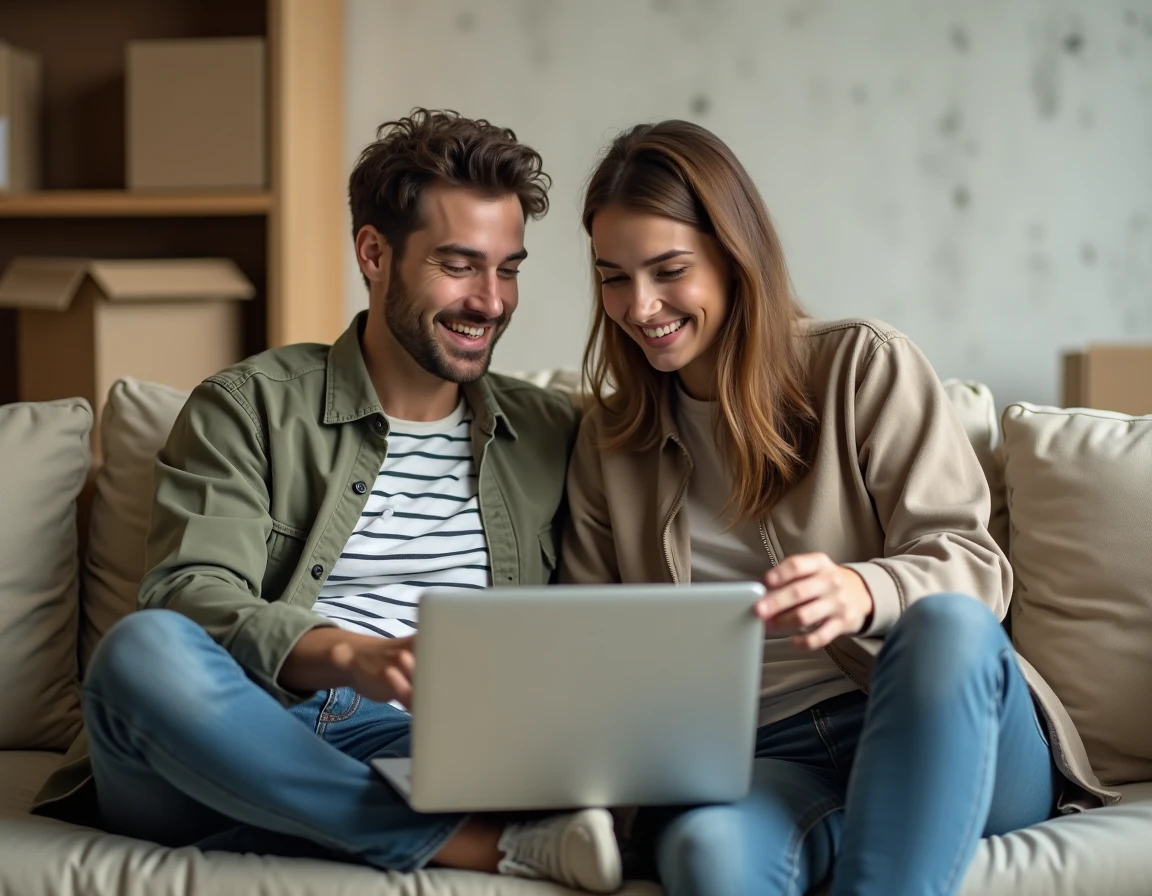 Couple utilisant un simulateur de décoration d'intérieur en 3D sur ordinateur portable pour aménager leur nouvel appartement