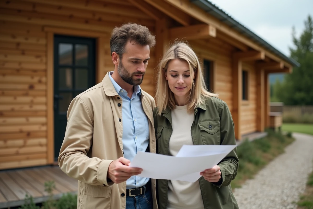 Couple vérifiant les réglementations d'urbanisme pour l'installation d'un chalet en bois de 20m2 sans permis