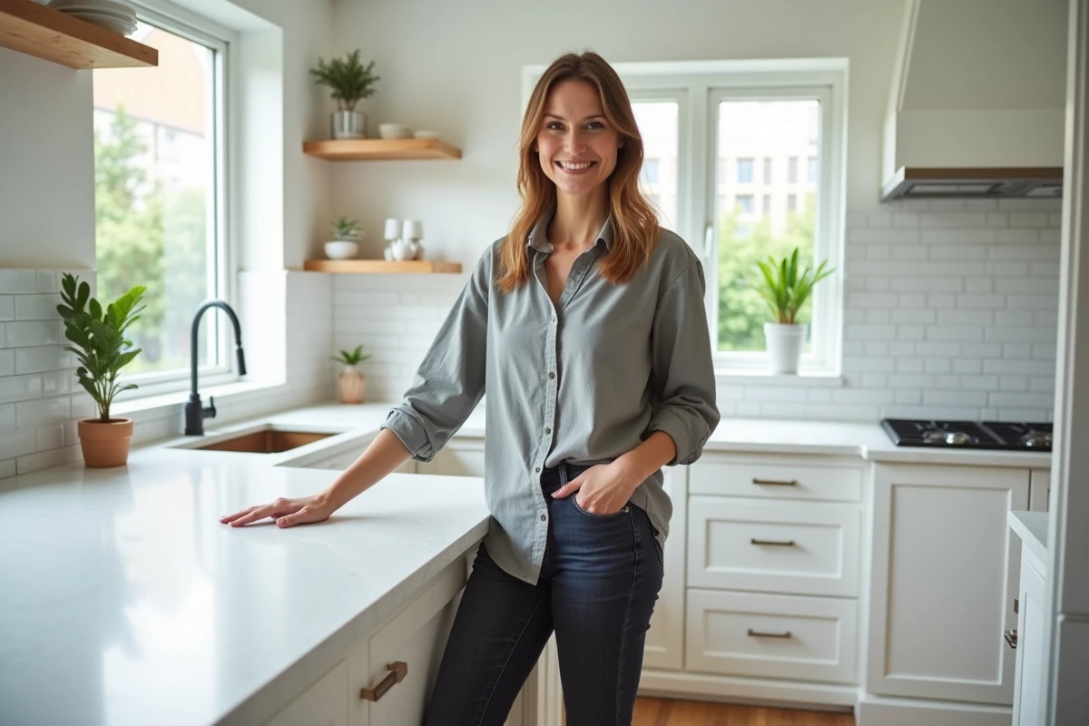 Femme satisfaite dans sa cuisine entièrement rénovée avec nouveaux meubles et plan de travail en quartz
