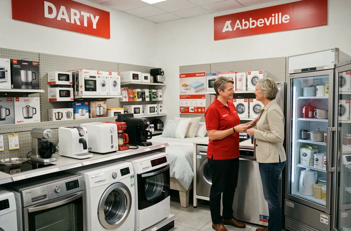 Vendeur DARTY Abbeville conseillant une cliente dans le rayon cuisine et literie du magasin
