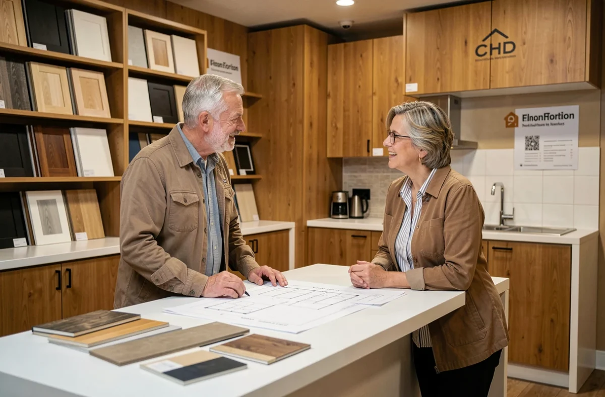 Conseiller de Decle Cuisines présentant des modèles de cuisine à un couple dans un showroom de la Somme