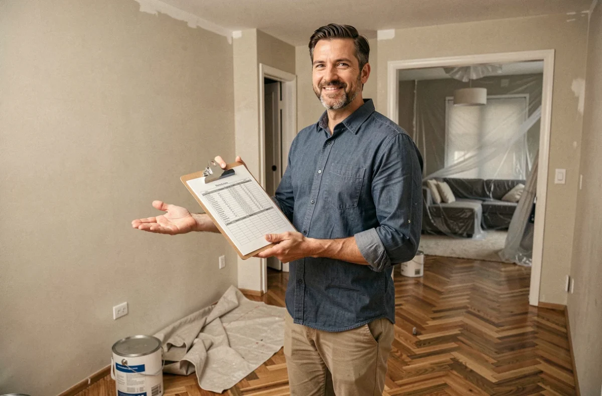 Décorateur d'intérieur masculin avec un budget détaillé dans un appartement en cours de rénovation avec parquet et murs fraîchement peints