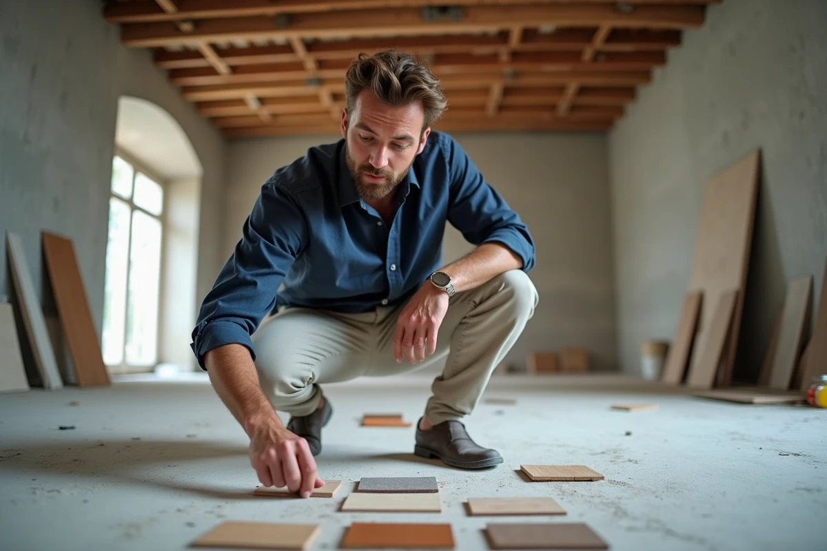 Décorateur d'intérieur masculin comparant des échantillons de matériaux et carrelages dans un appartement vide en cours de rénovation à Lille