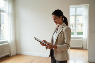 Décoratrice professionnelle évaluant un appartement vide pour un devis de home staging avant vente immobilière