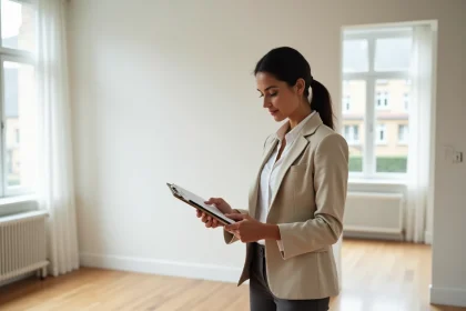Décoratrice professionnelle évaluant un appartement vide pour un devis de home staging avant vente immobilière