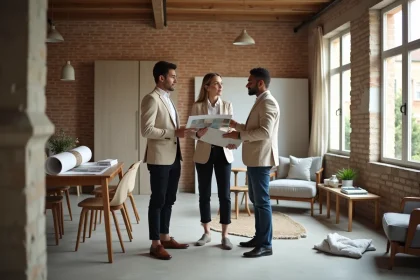 Décoratrice d'intérieur présentant des échantillons de tissu à un couple dans un appartement rénové à Lille avec murs en briques apparentes