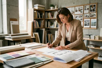 Décoratrice d'intérieur professionnelle révisant des devis et des échantillons de matériaux dans un studio de design contemporain
