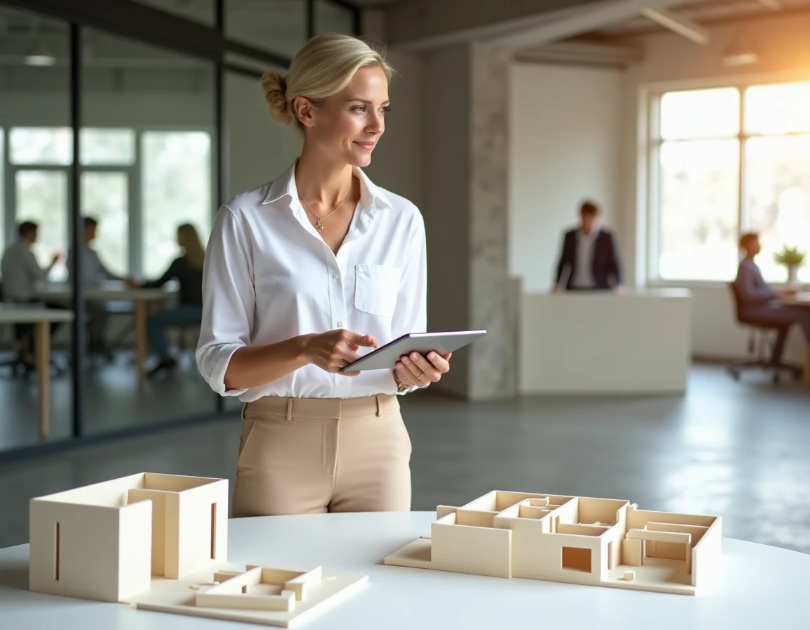 Femme décoratrice comparant une maquette physique de pièce avec une simulation 3D sur tablette dans une agence de design