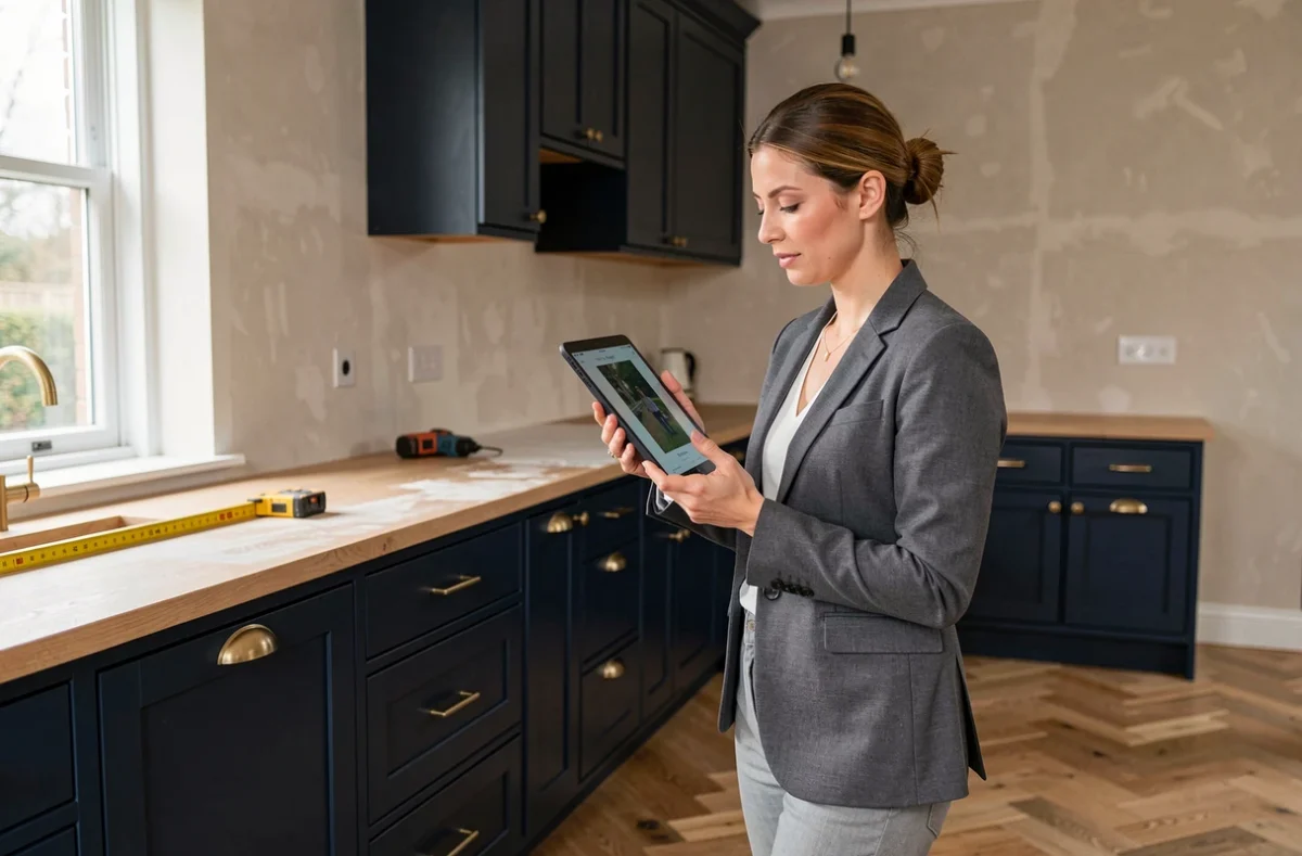 Designer de Delaire Agencement supervisant l'installation d'une cuisine sur mesure dans la Somme