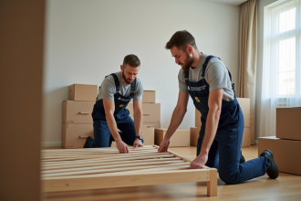 Deux monteurs en uniformes démontent un lit dans un appartement moderne