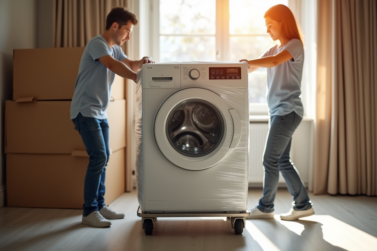 Deux personnes déplaçant un lave-linge emballé avec précaution
