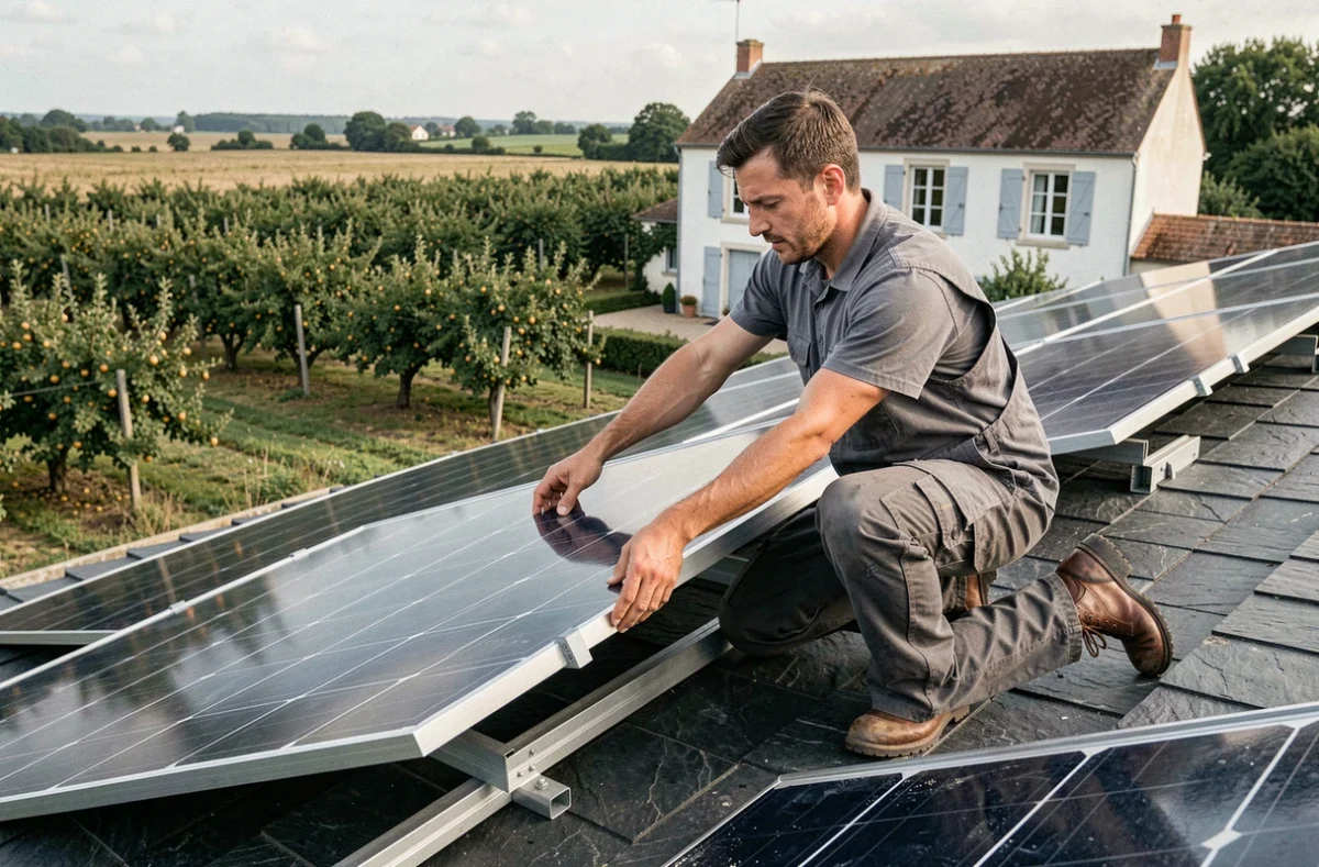 Installateur QualiPV Derame Guillaume alignant des panneaux solaires sur un toit à Saint-Georges-de-Montaigu