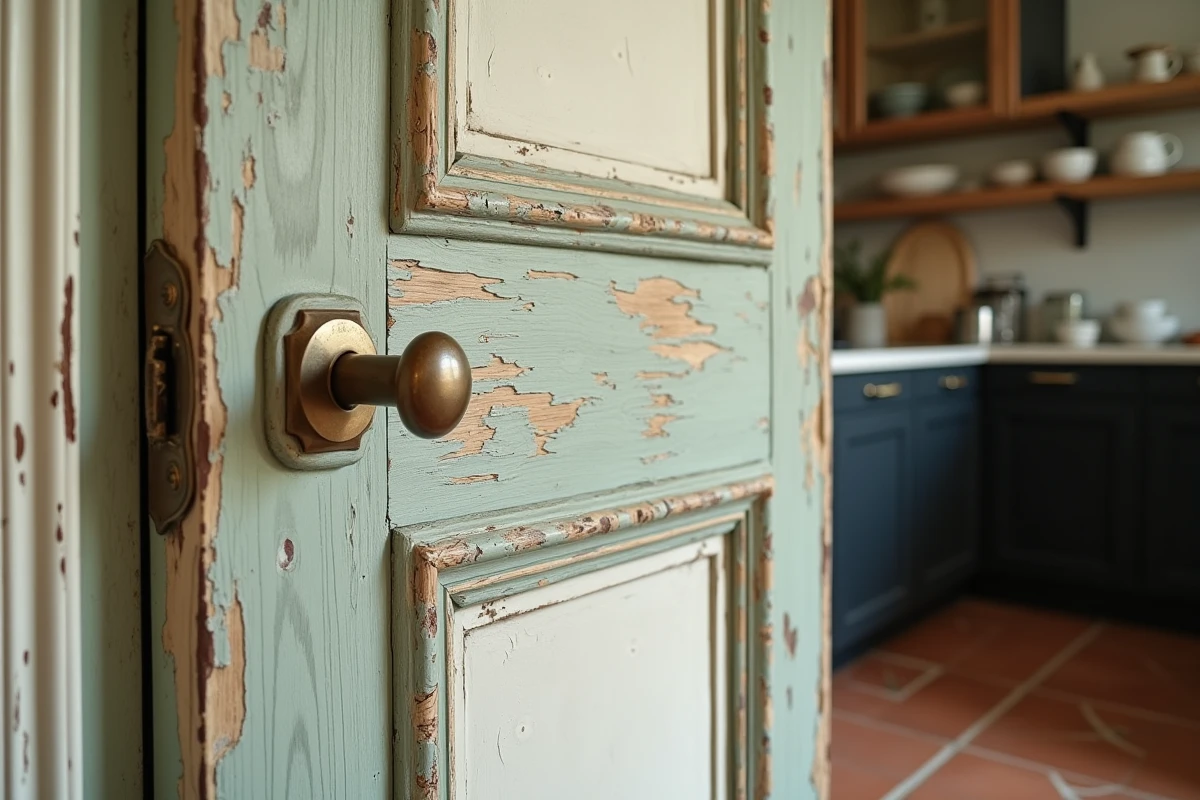 Gros plan sur les moulures et la peinture écaillée d'une ancienne porte de ferme française intégrée dans une cuisine moderne