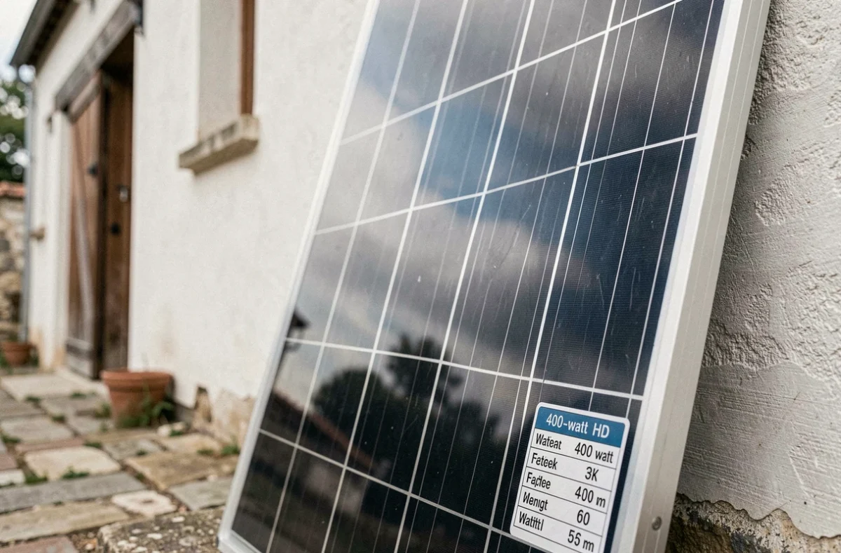 Gros plan sur un panneau solaire monocristallin de 400 watts avec étiquette technique