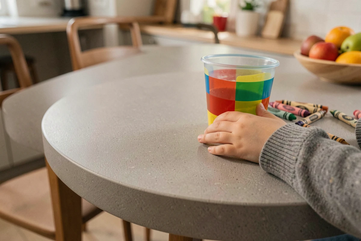 Gros plan sur une table de cuisine en résine grise avec des crayons et un verre d'enfant, coin arrondi visible