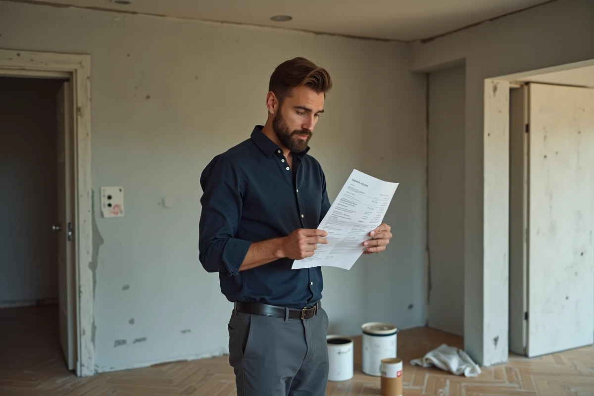 Homme étudiant un devis de décoration intérieure dans un appartement en cours de rénovation avec parquet en chevrons et murs en plâtre brut