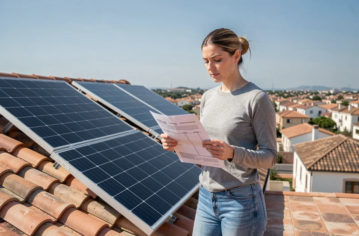 Propriétaire examinant un devis de raccordement de panneaux solaires sur un toit résidentiel