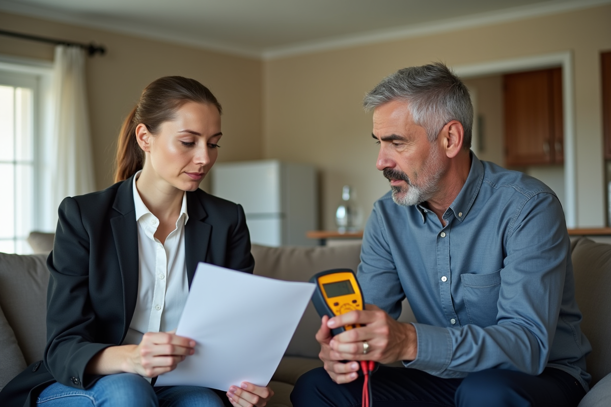 Femme discutant avec un électricien dans un salon de maison