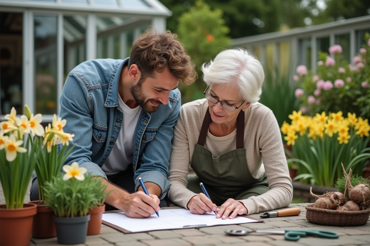 Jeune homme et femme âgée discutant de jardinage sur la terrasse