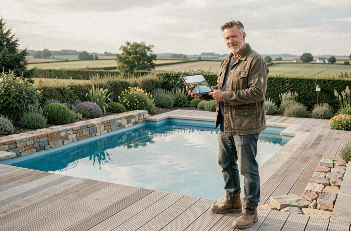 Dominique Lozac'h, paysagiste et constructeur de piscines, debout sur une terrasse bretonne devant une piscine réalisée avec terrasse en bois et margelles en pierre locale