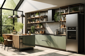 Cuisine moderne avec murs clairs et éléments en bois chaleureux