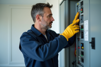 Homme en combinaison de travail vérifiant un panneau électrique