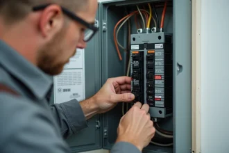 Électricien installant un disjoncteur de type A dans un tableau électrique résidentiel