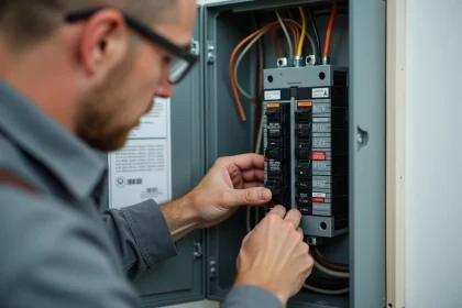 Électricien installant un disjoncteur de type A dans un tableau électrique résidentiel