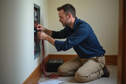 Électricien homme en action dans une maison bien tenue