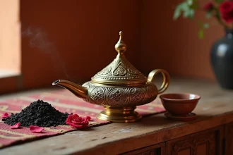 Encensoir arabe en laiton gravé avec des copeaux d'oud et des pétales de rose séchés sur une table en bois rustique
