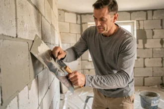 Artisan appliquant un enduit intérieur sur un mur en parpaing avec une taloche en acier, dans une pièce en rénovation