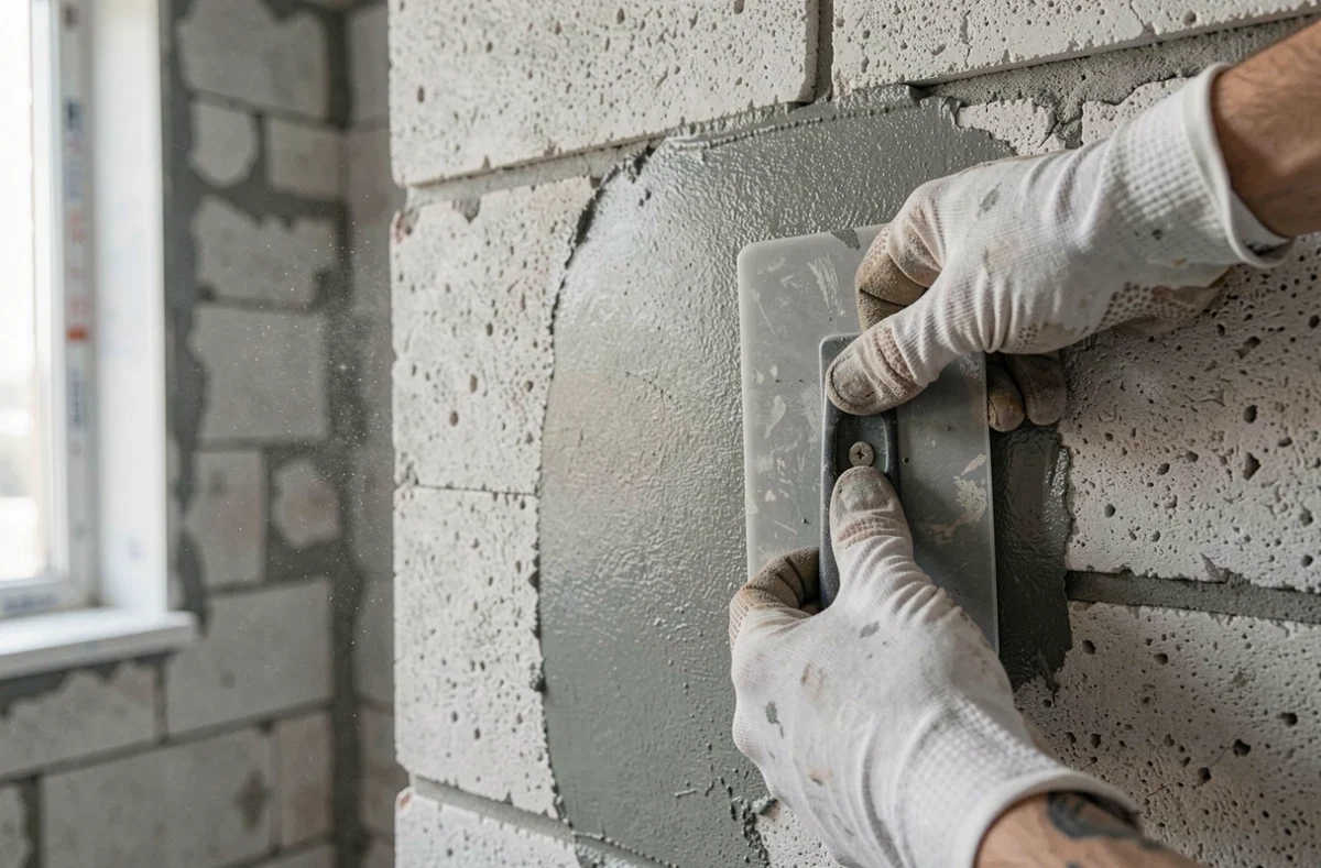 Gros plan sur l'application d'un enduit lisse sur parpaing intérieur avec une taloche plastique et des gants de chantier