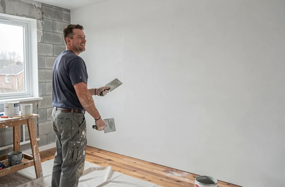 Ouvrier inspectant un mur en parpaing intérieur fraîchement enduit, surface lisse et uniforme dans une pièce rénovée