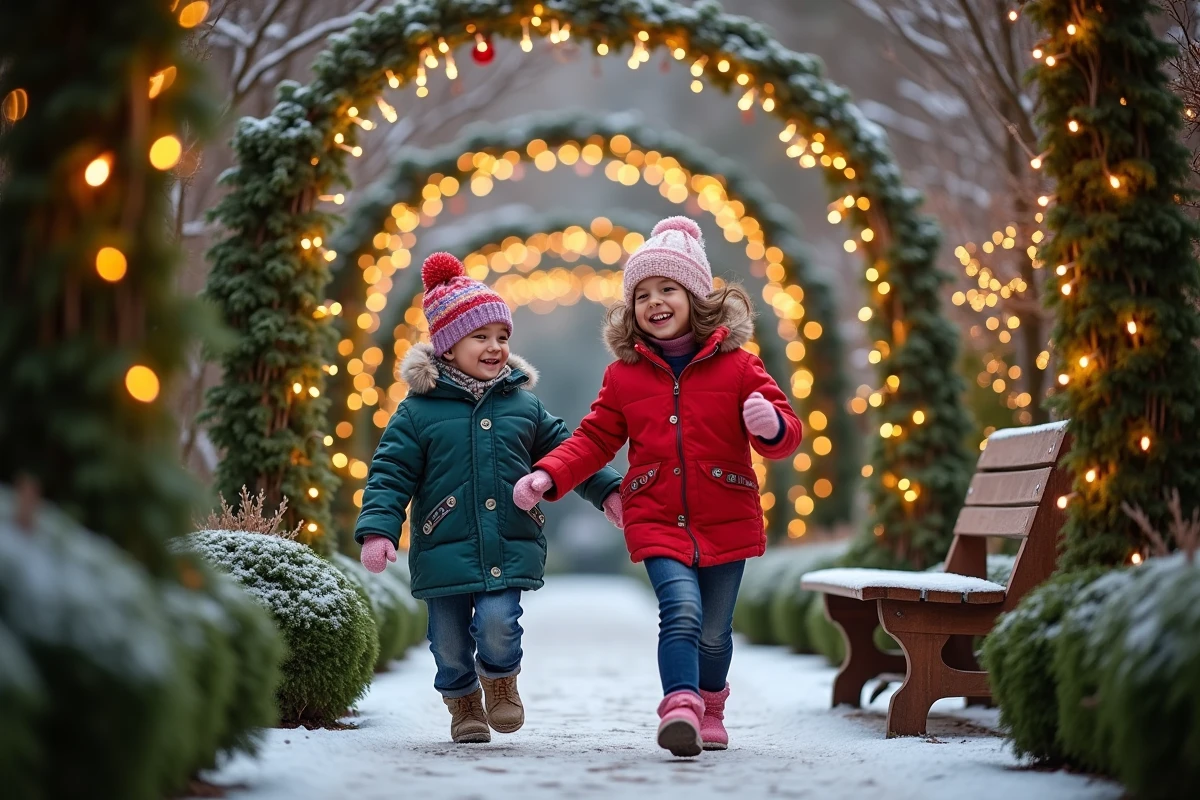 Deux enfants jouant sous des lumières de Noël dans le jardin enneige