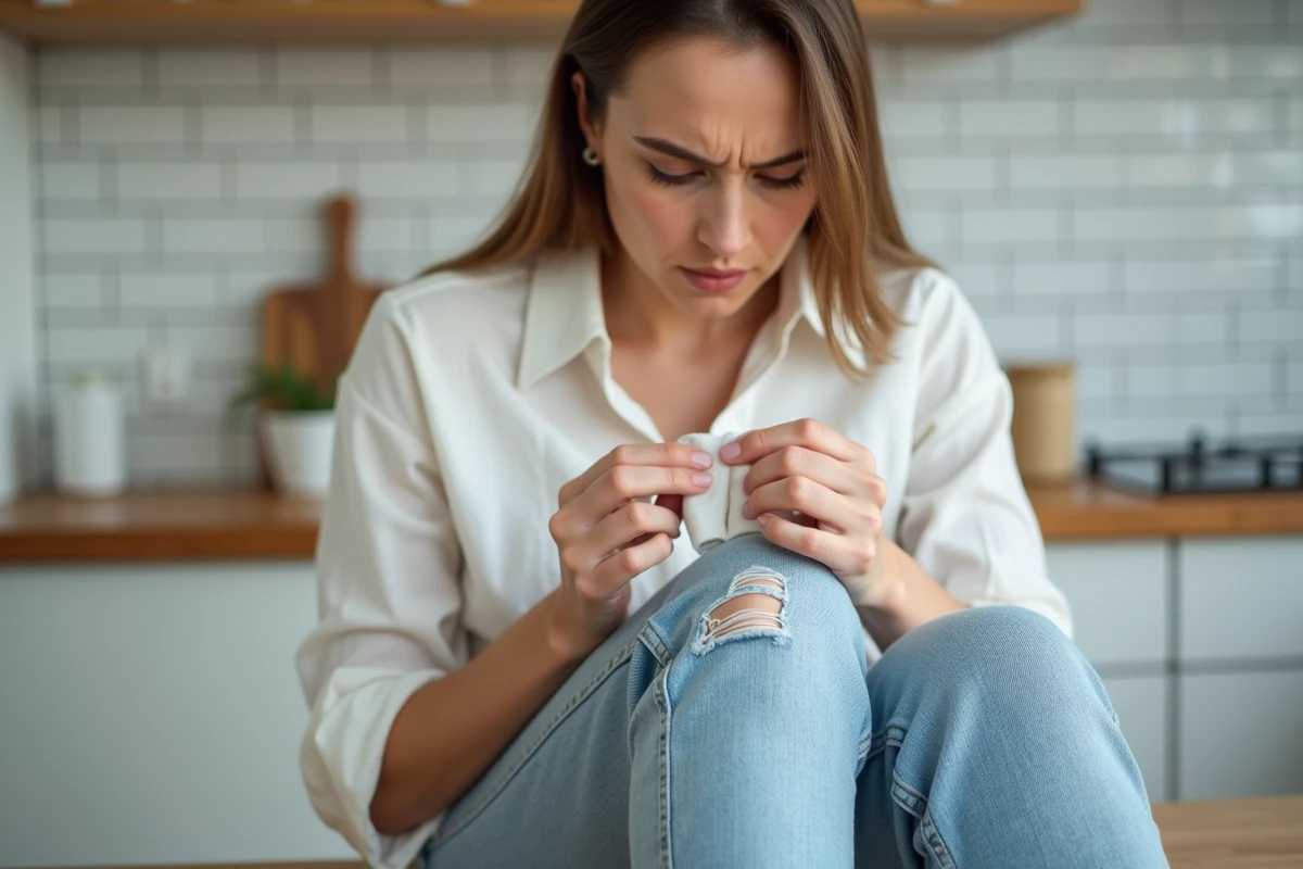 Femme appliquant des glaçons sur un chewing gum collé sur son jean pour le décoller facilement à la maison