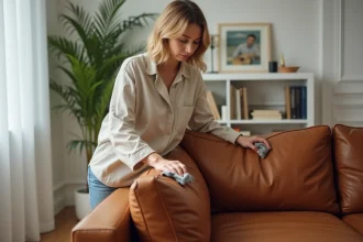 Femme appliquant un produit d'entretien POLILAR sur un canapé en cuir cognac dans un salon scandinave