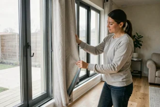 Femme retirant un rideau thermique de sa fenêtre pour l'entretenir à la maison