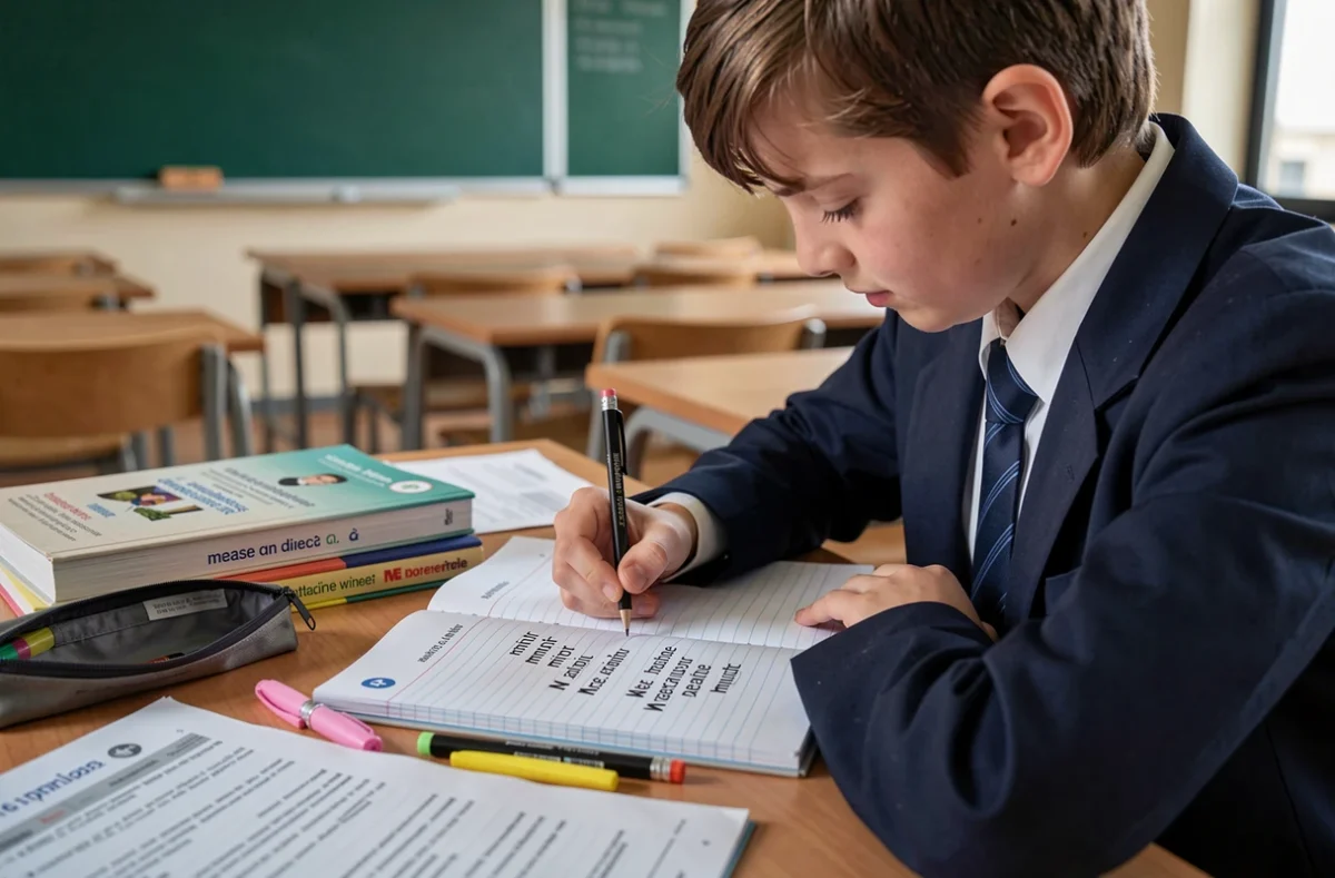 Étudiant en lycée révisant une liste d'objets en M pour le baccalauréat avec un cahier et des manuels scolaires sur un bureau de classe