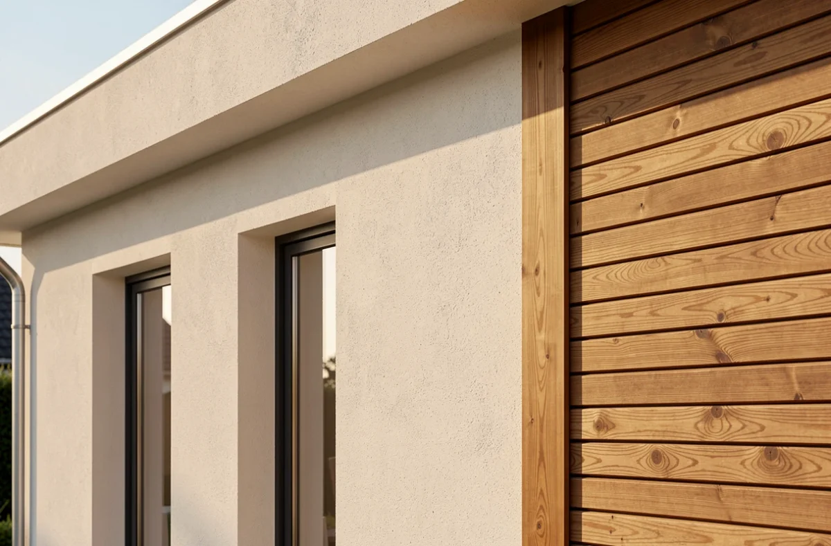 Façade de maison avec enduit lisse et bardage bois