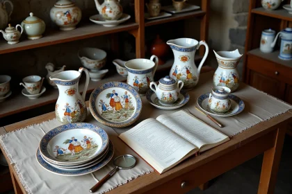 Collection de faïences Henriot Quimper traditionnelles sur une table ancienne en chêne, avec assiettes et pichet décorés de personnages bretons peints à la main