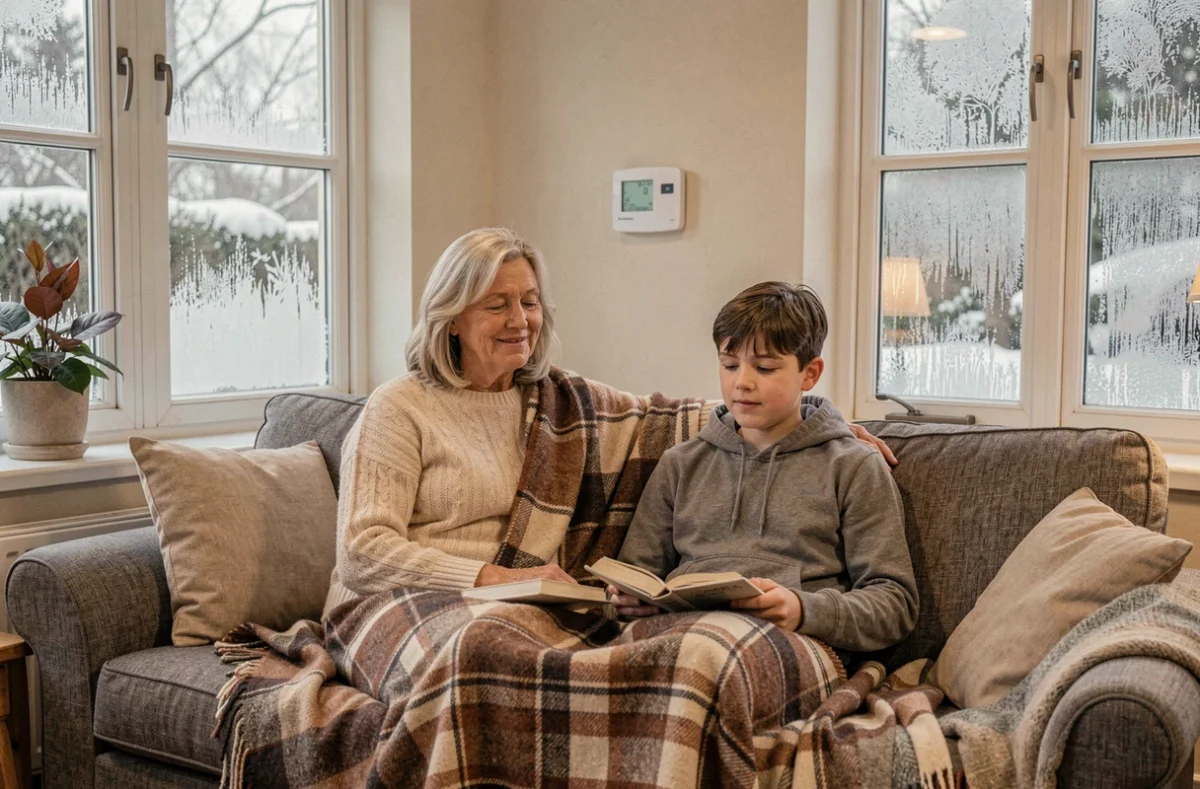 Famille confortablement installée dans un salon chauffé par une pompe à chaleur Daikin en hiver