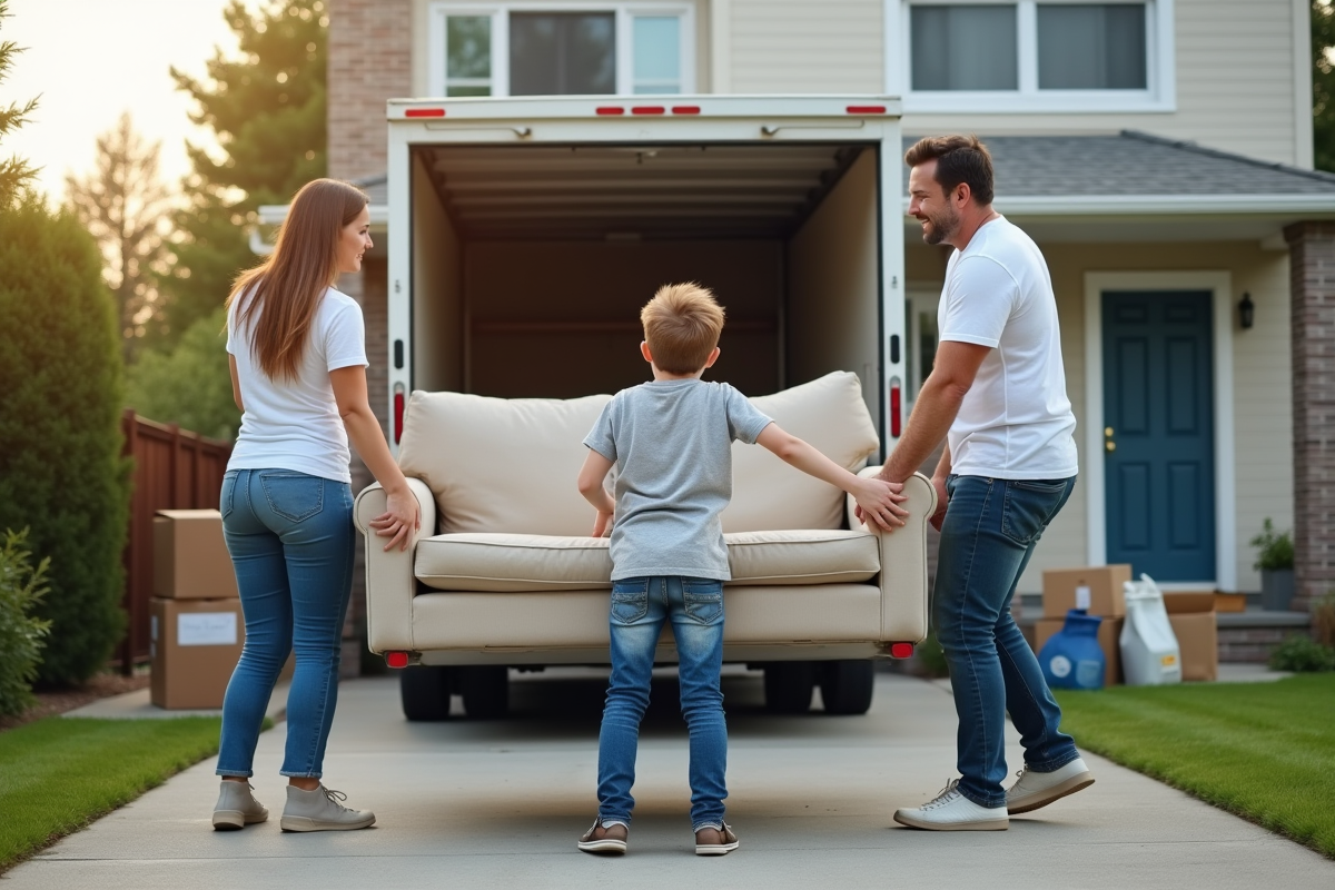 Famille soulevant un canapé devant une maison en déménagement