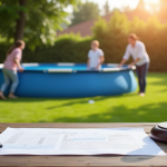 Famille installant une piscine hors sol dans un jardin ensoleille