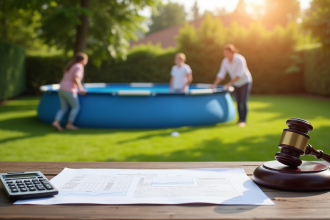 Famille installant une piscine hors sol dans un jardin ensoleille