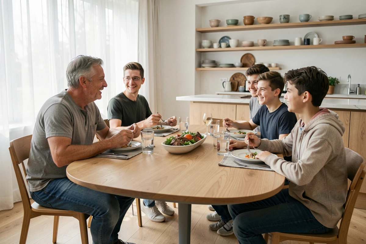 Famille réunie autour d'une table ovale en résine effet bois dans une salle à manger cuisine ouverte