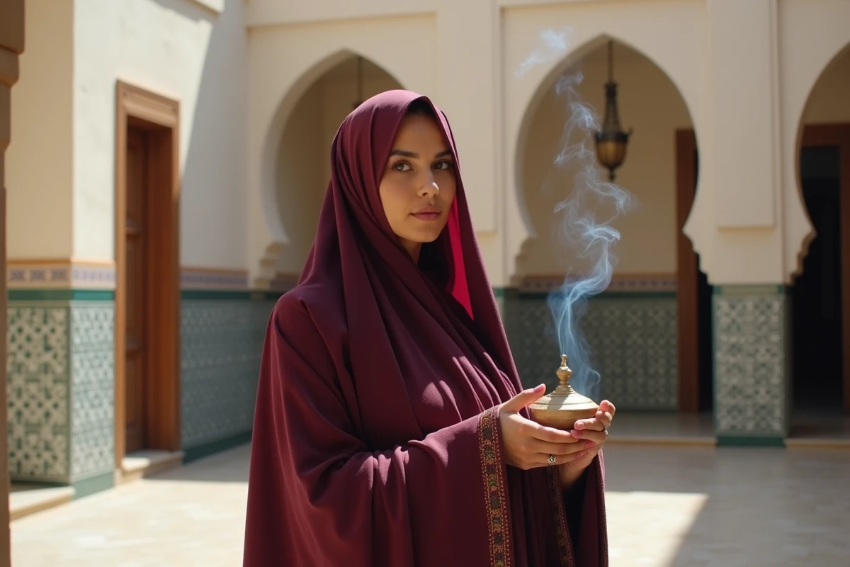 Femme en abaya tenant un brûle-encens en céramique dans une cour intérieure de style mauresque avec des azulejos